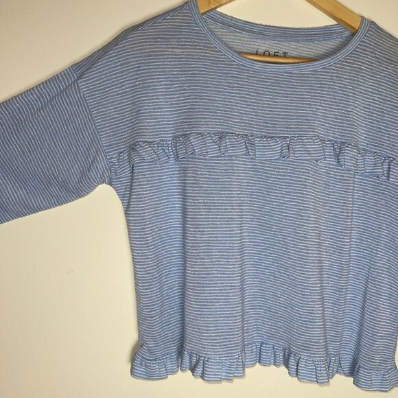 Loft | Blue and White Stripe Ruffle Top | Medium - Picture 5 of 7